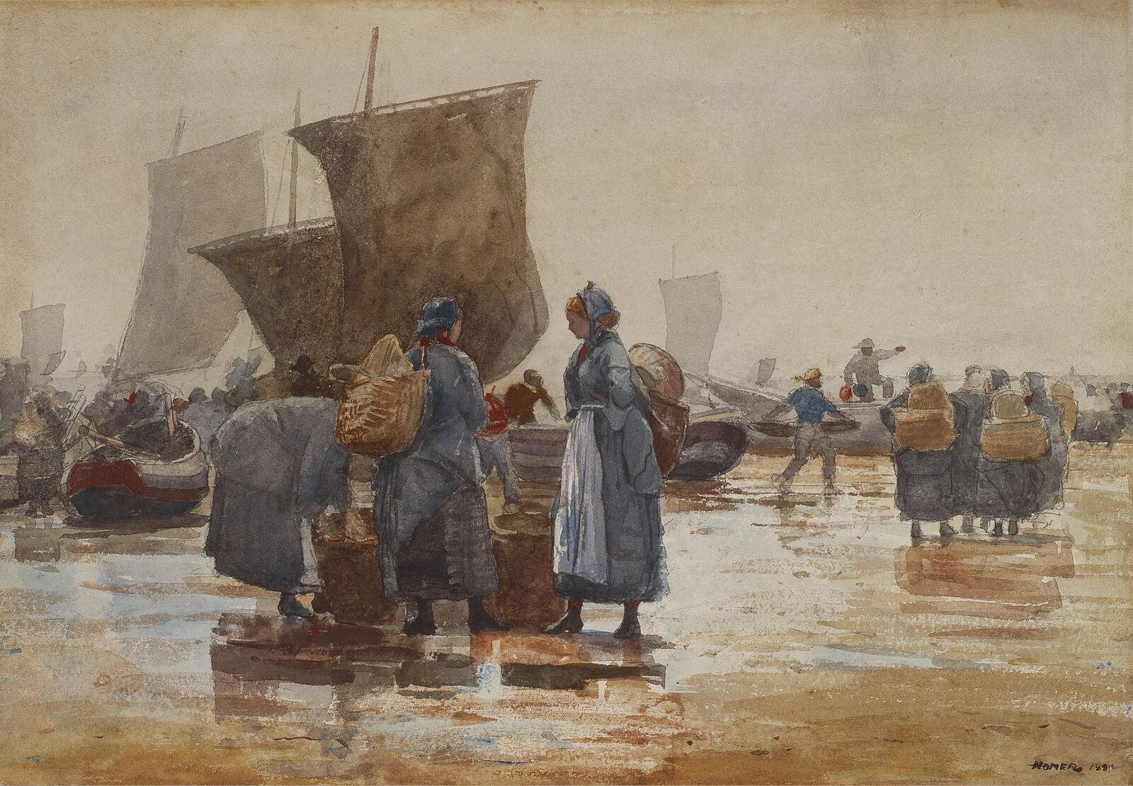 A drawing of two women and a crowd of fishermen outside the Watch House by Winslow Homer, titled 'Perils of The Sea'.