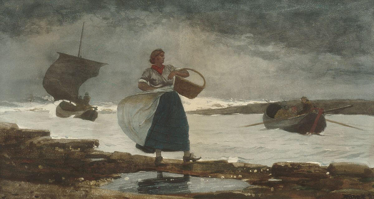 A painting of a women carrying a basket by the seashore by Winslow Homer, titled 'Inside the Bar'